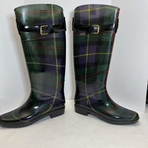 Lauren Ralph Lauren Rossalyn II Plaid Green Knee High Rubber Rain Boots‎ Size 6B